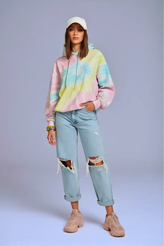 Casual Tie-Dye Hoodie and Distressed Boyfriend Jeans Easter Outfit