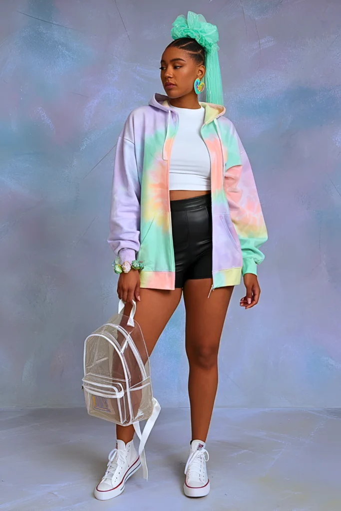 Casual Tie-Dye Hoodie and Leather Shorts Spring Outfit