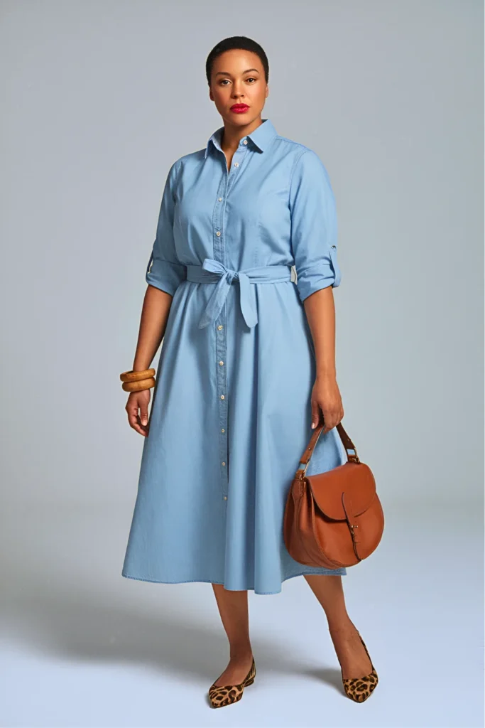 Chambray Shirtdress and Leopard Print Accessories Spring Outfit