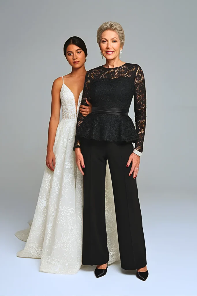 Chic Black Crepe Jumpsuit with Lace Bodice and Satin Sash Mother of the Bride