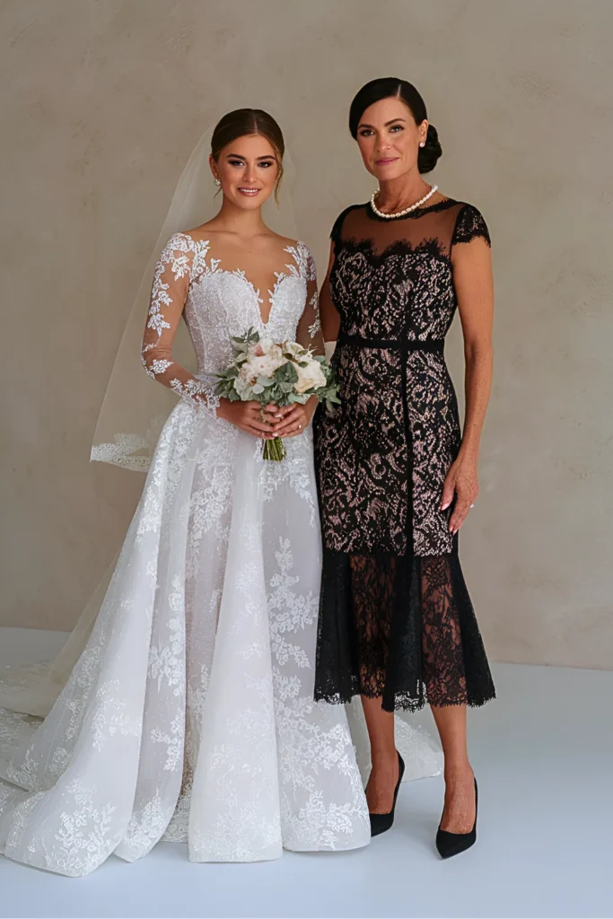 Chic Black Lace Fit-and-Flare Mother of the Bride Dress with Illusion Neckline