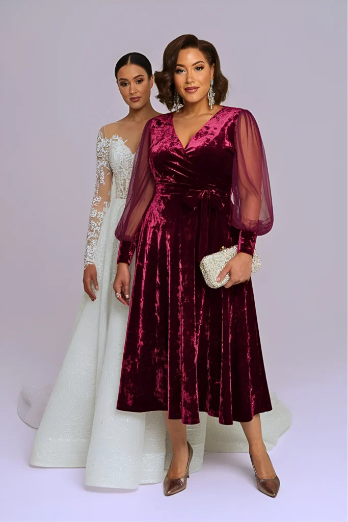 Chic Burgundy Velvet Burnout Wrap Mother of the Bride Dress with Sheer Sleeves