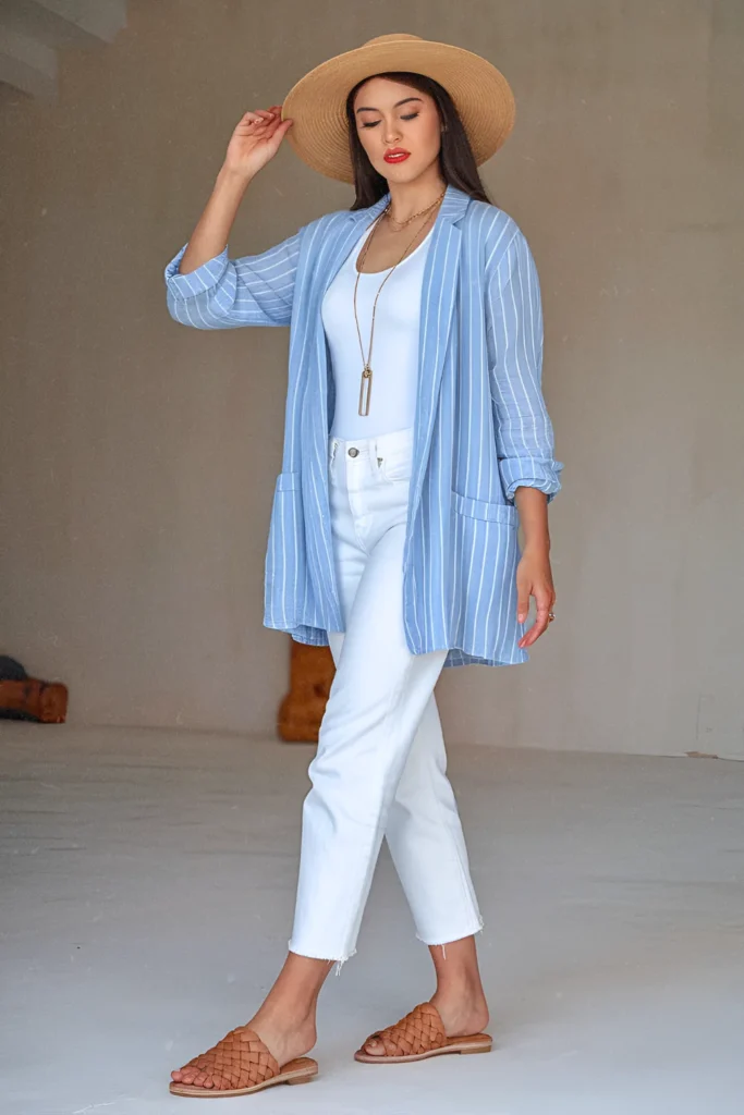 Coastal Grandmother Striped Linen Blazer and White Jeans Spring Look