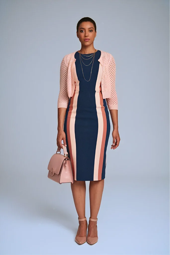 Color-Blocked Sheath Dress and Cropped Cardigan Spring Outfit