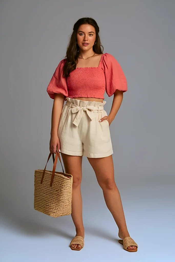 Coral Smocked Puff Sleeve Crop Top with High-Waisted Paperbag Waist Linen Shorts Easter Outfit