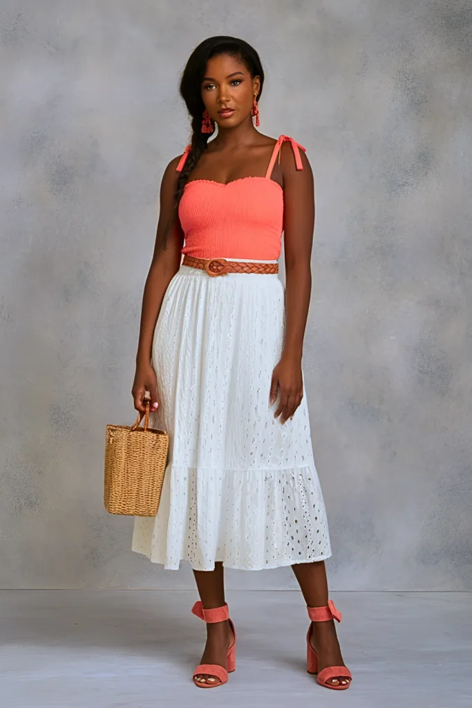 Coral Textured Tie-Strap Smocked Top with White Eyelet Lace Midi Skirt Easter Outfit