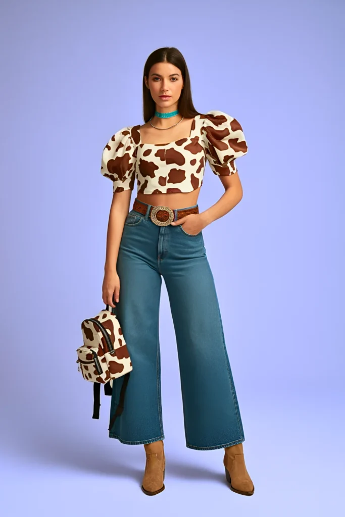 Cow Print Crop Top and Wide Leg Jeans Western-Inspired Spring Look