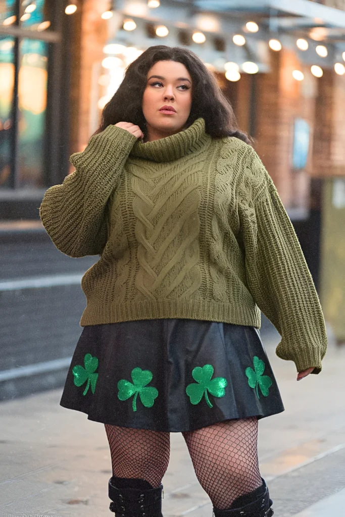 Cowl Neck Cable Knit Sweater with Leather Shamrock Skater Skirt