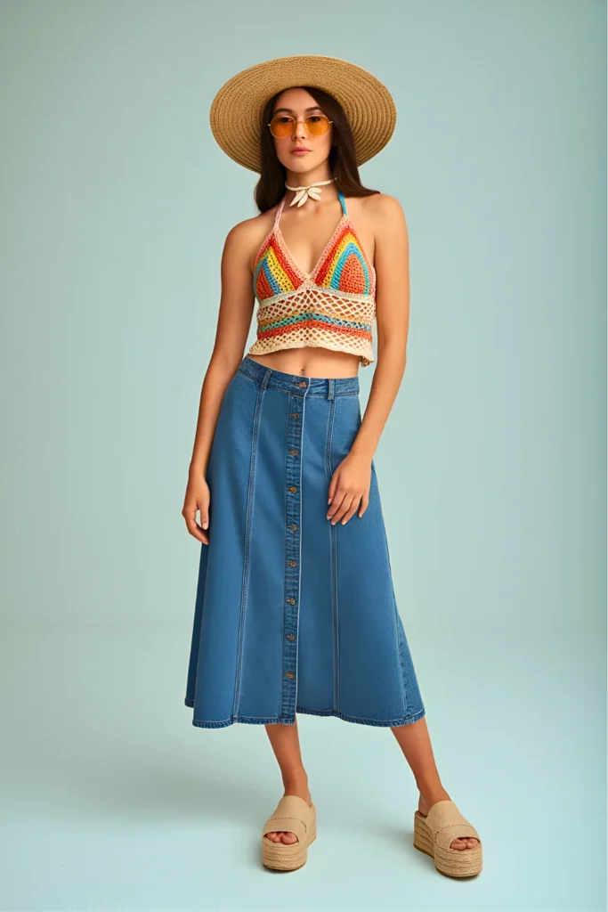 Crochet Halter Top and Denim Midi Skirt Beach Spring Outfit