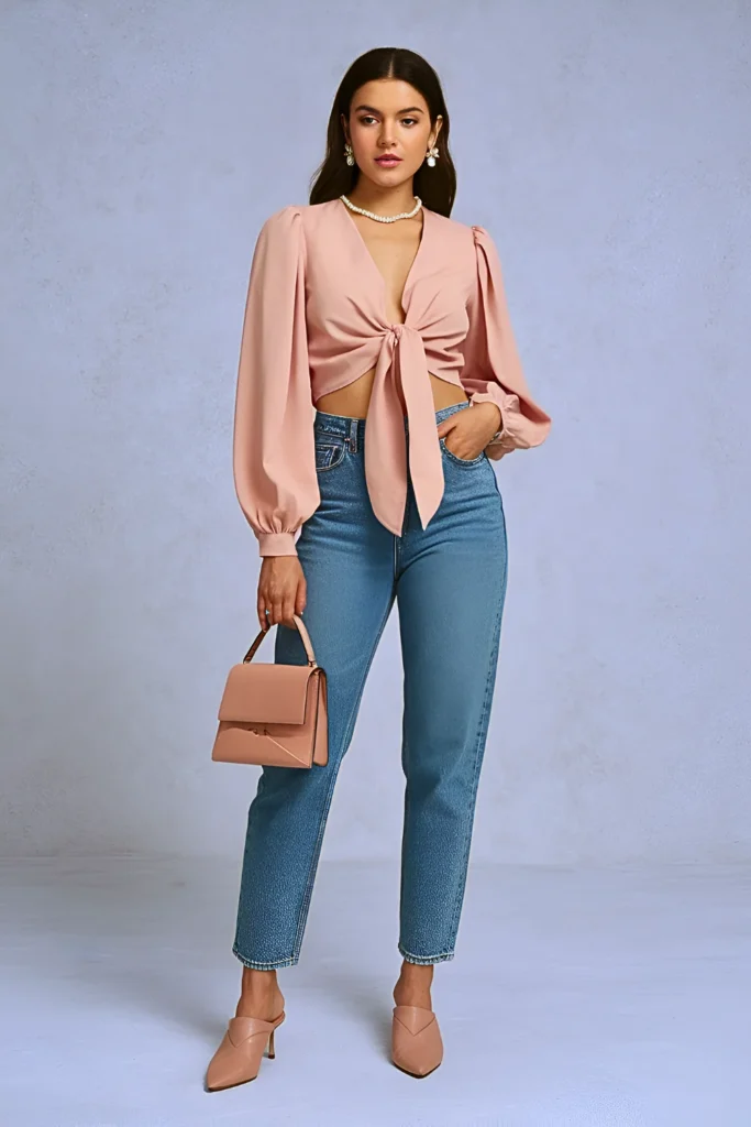 Cute Blush Pink Tie-Front Blouse and High-Waisted Jeans Spring Outfit