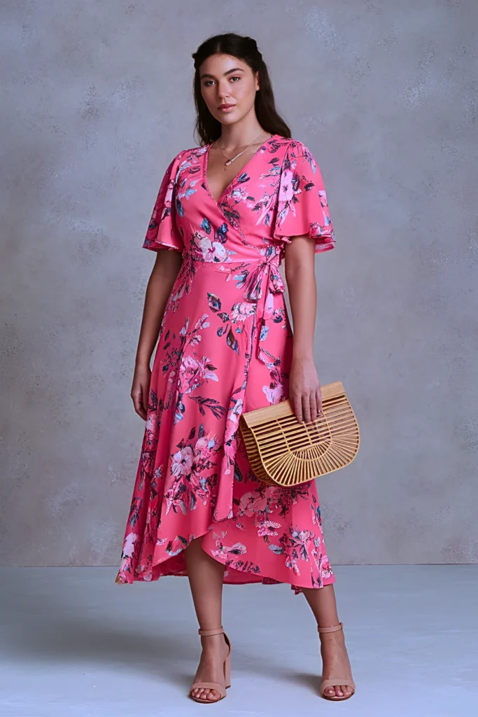 Cute Coral Floral Wrap Dress Spring Outfit