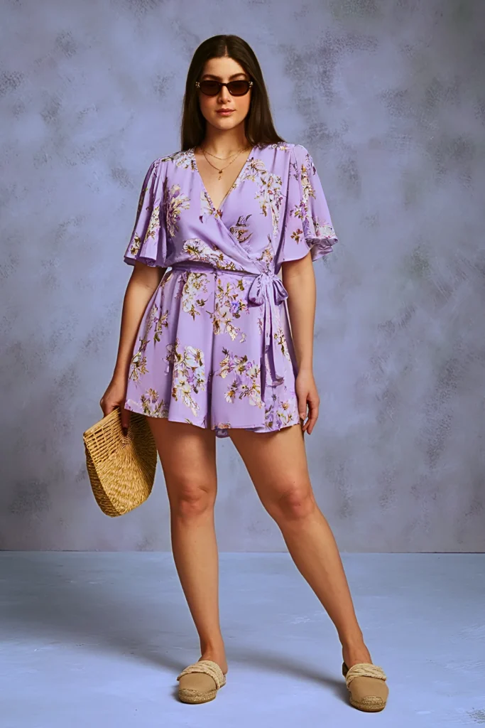 Cute Lavender Floral Wrap Romper Spring Outfit