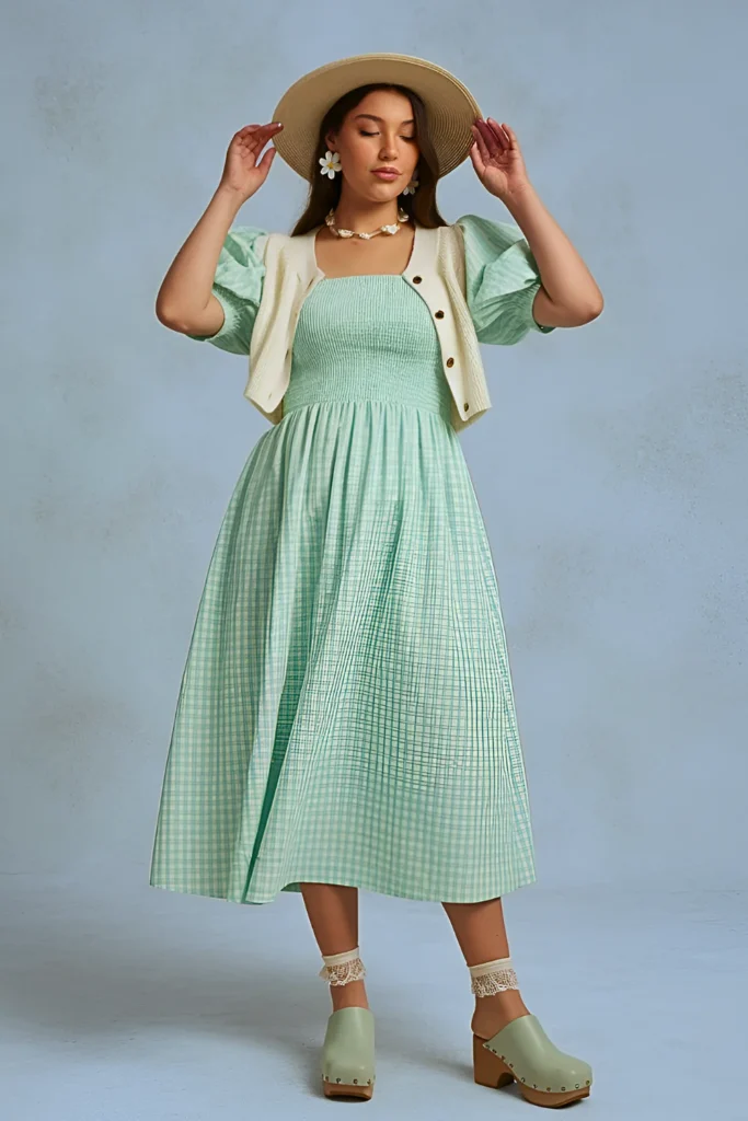 Cute Mint Gingham Puff-Sleeve Dress Spring Outfit