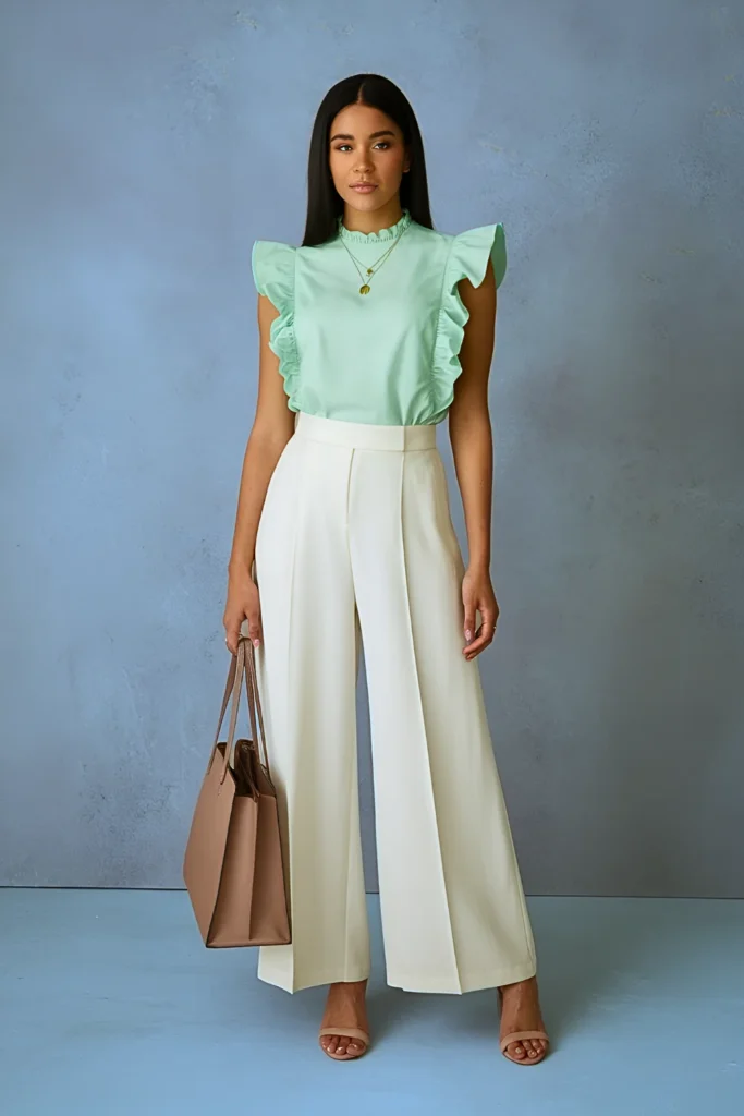 Cute Mint Green Ruffle Sleeve Blouse and White Wide-Leg Pants Spring Outfit