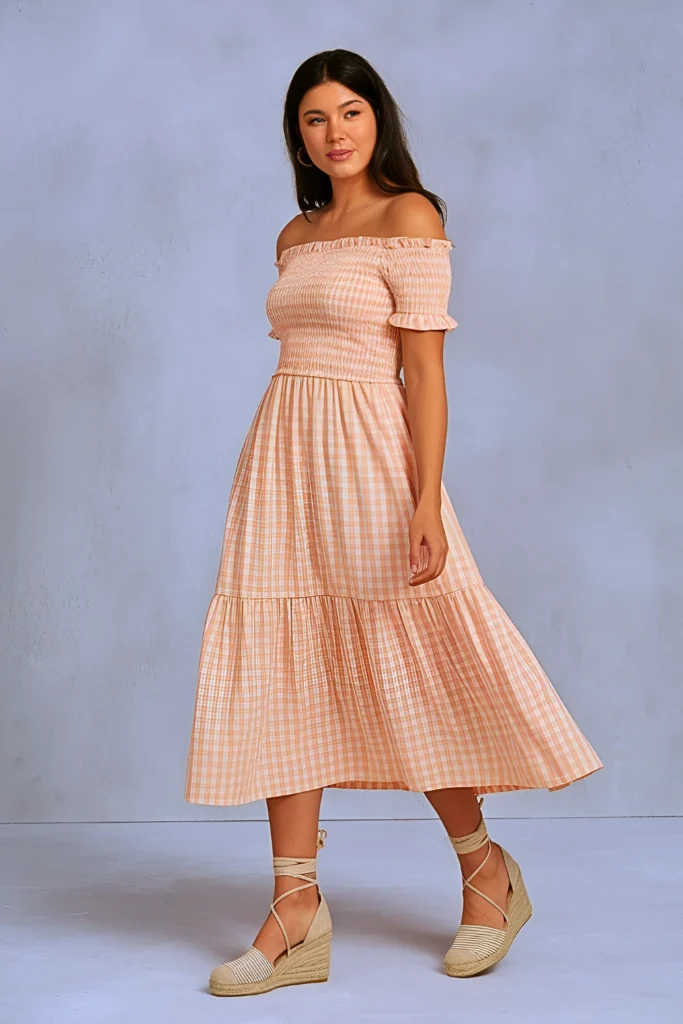 Cute Peach Gingham Smocked Midi Dress Spring Outfit