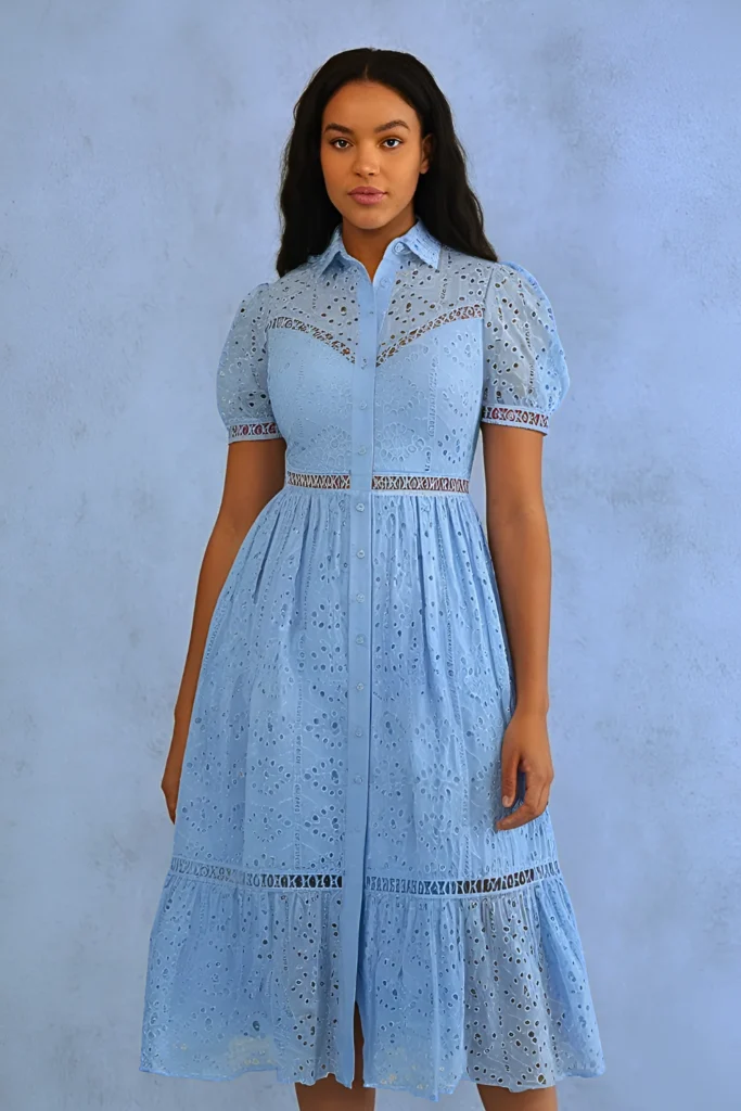 Cute Sky Blue Eyelet Lace Midi Dress Spring Outfit