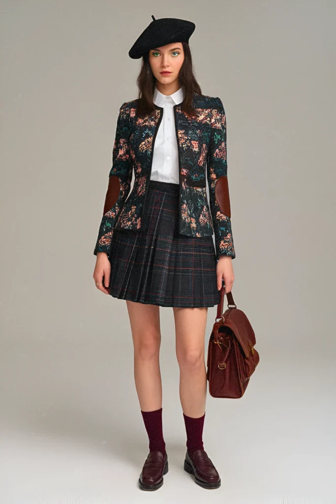 Floral Academia Vintage Blazer and Plaid Pleated Skirt Spring Outfit