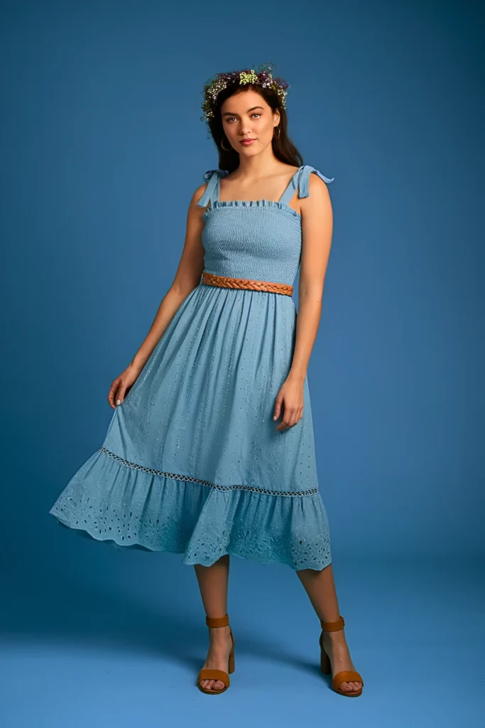 Dusty Blue Tie-Shoulder Smocked Midi Dress with Eyelet Lace Trim Easter Outfit