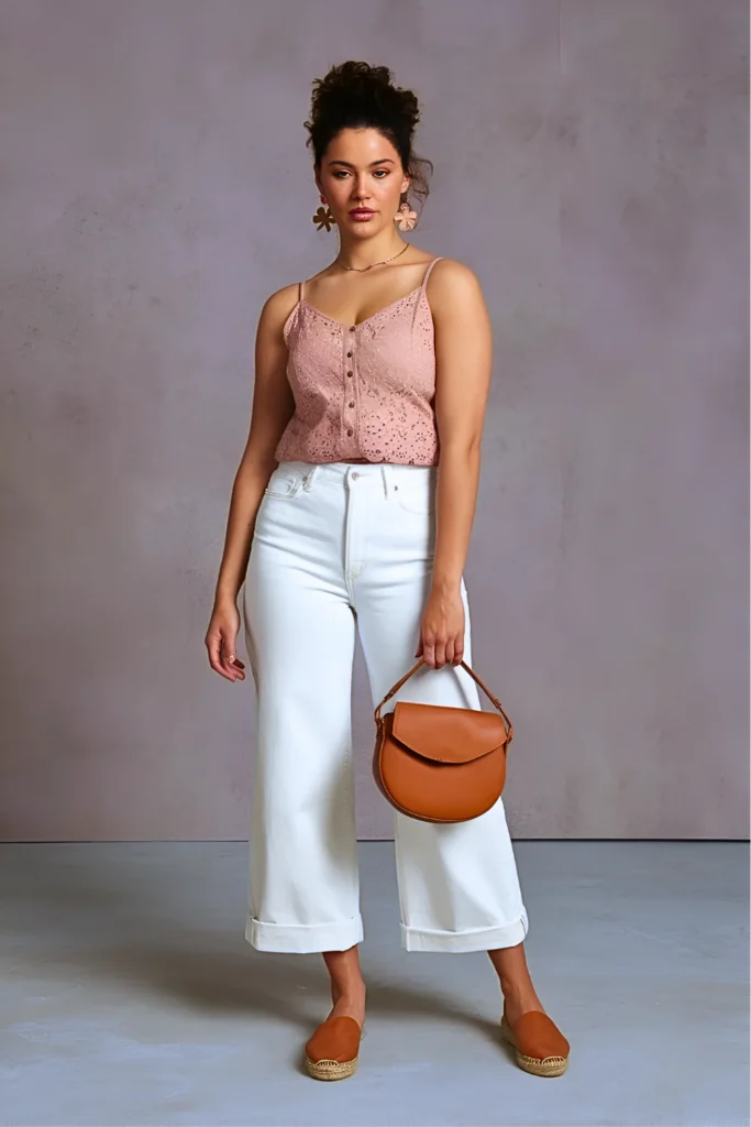 Dusty Rose Eyelet Lace Button-Front Cami with White High-Rise Wide Leg Jeans Easter Outfit