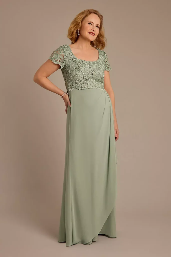 Dusty Sage Short Sleeve Embroidered Chiffon Sheath Dress