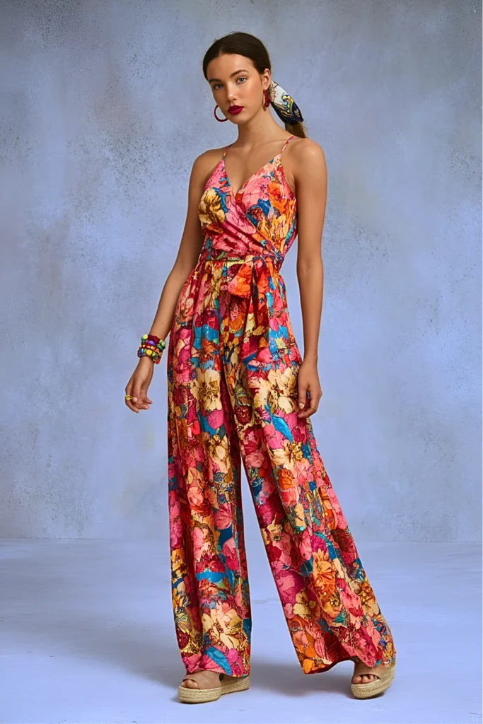 Easter Floral Print Wrap Jumpsuit Church Outfit