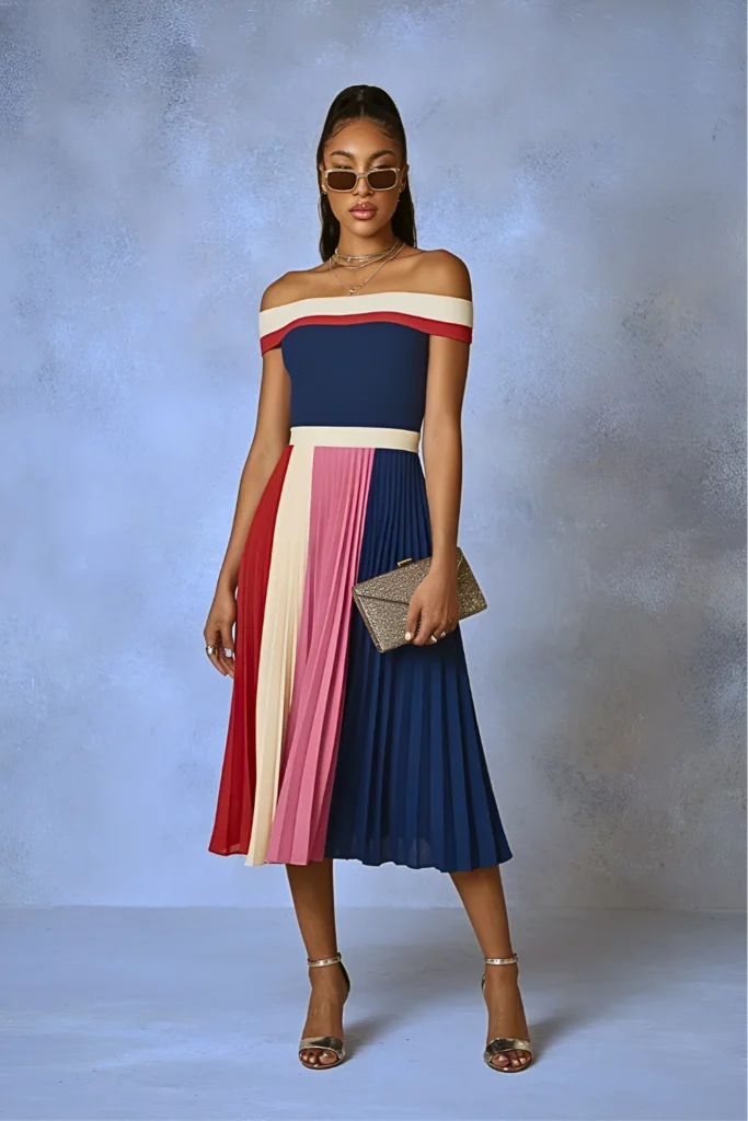 Easter Pastel Color-Block Pleated Midi Dress Church Outfit