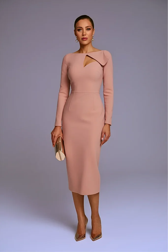 Elegant Dusty Rose Crepe Midi Mother of the Bride Dress with Asymmetric Neckline