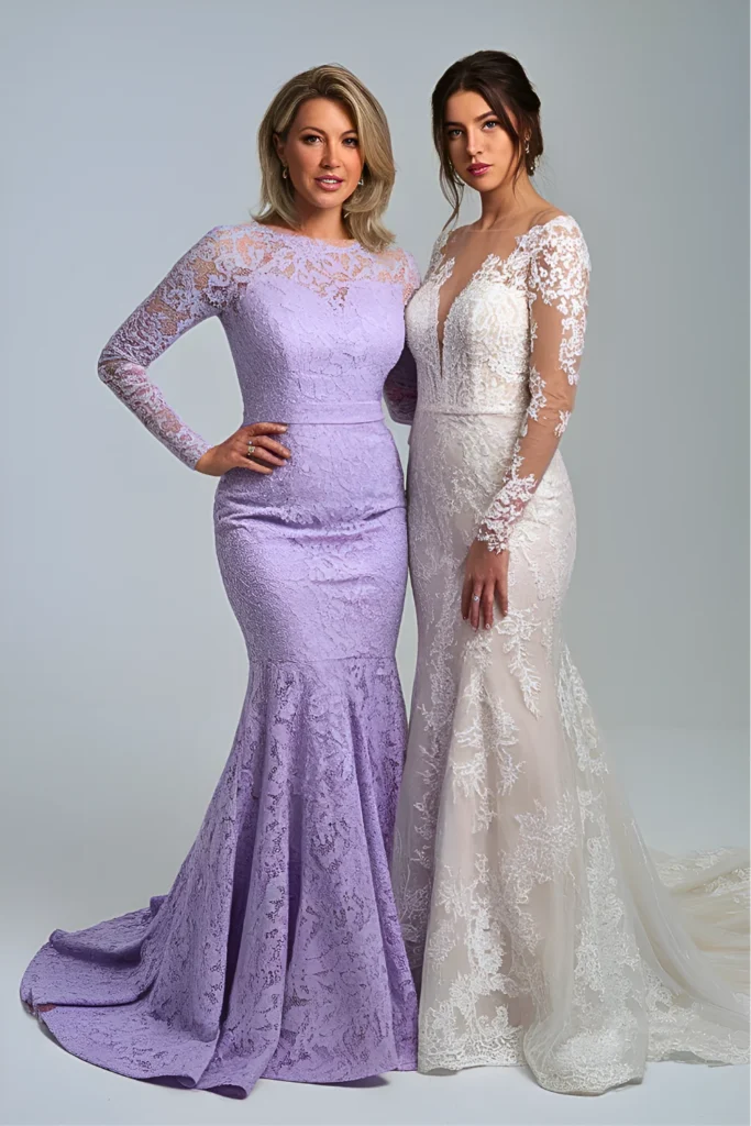 Elegant Lavender Lace Mermaid Mother of the Bride Dress with Illusion Sleeves