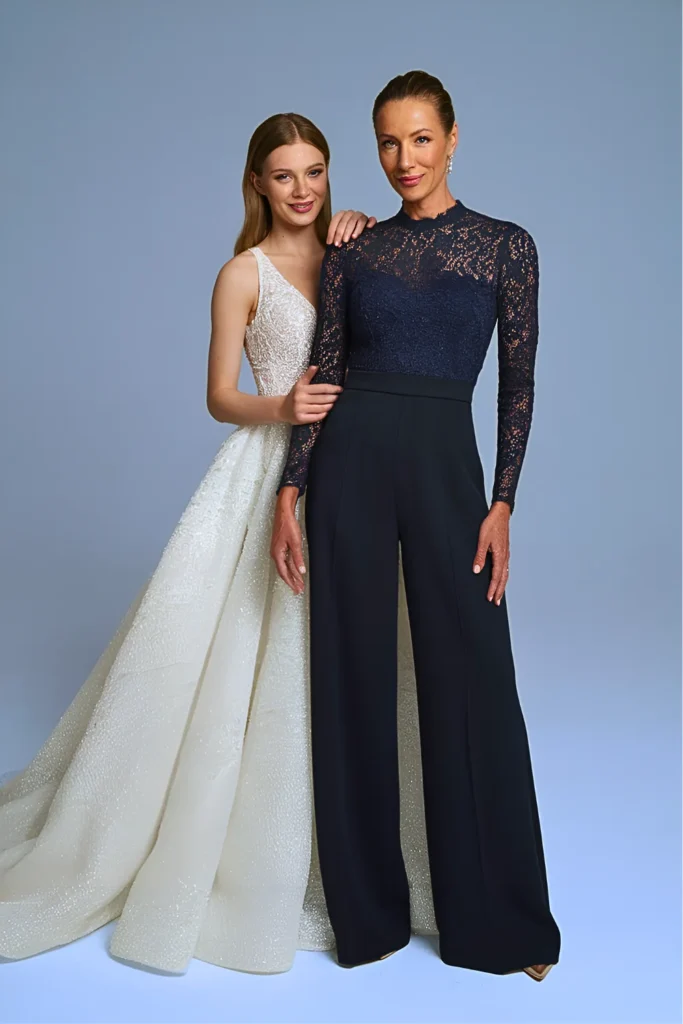 Elegant Navy Crepe Jumpsuit Mother of the Bride with Lace Bodice and Wide Legs