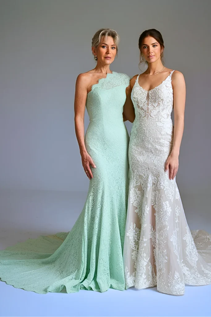 Elegant One-Shoulder Mint Green Lace Mermaid Mother of the Bride Gown