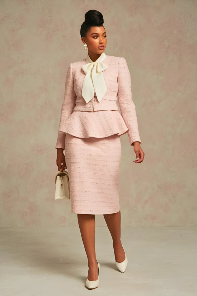 Elegant Uptown Socialite Pastel Skirt Suit and Kitten Heels Spring Outfit