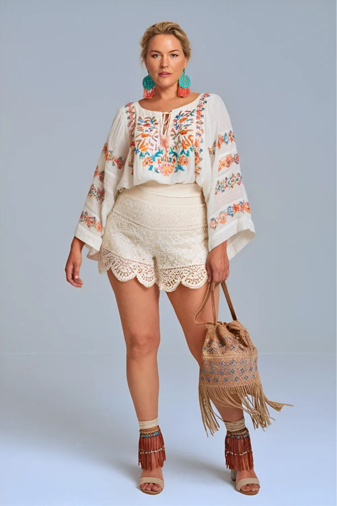 Embroidered Peasant Top and Lace Shorts Spring Outfit