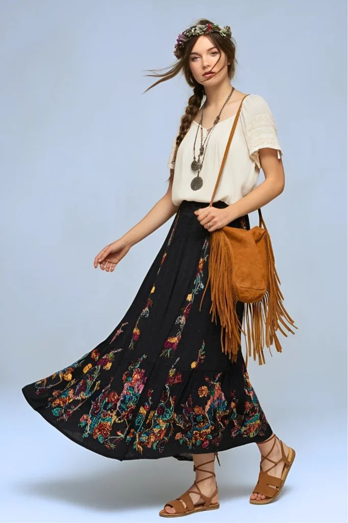 European Prague Bohemian Embroidered Maxi Skirt Spring Outfit