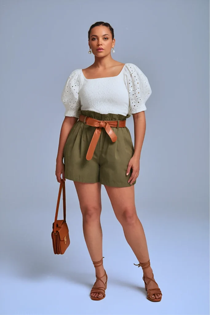 Eyelet Puff Sleeve Top and Paperbag Shorts Spring Outfit