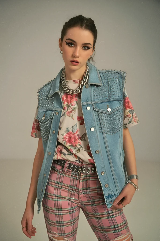 Floral Punk Studded Denim Vest and Plaid Pants Spring Outfit