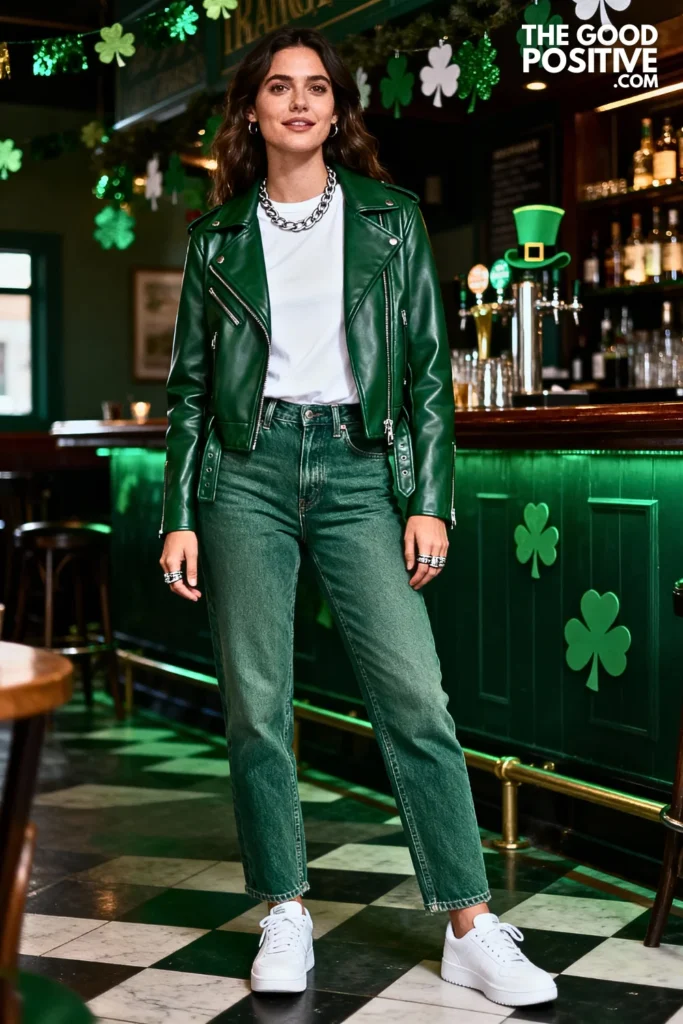 Forest Green Leather Jacket With White Tee