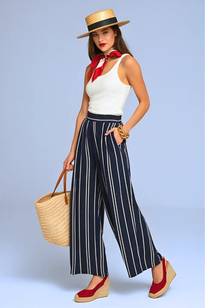 French Riviera Cannes Striped Palazzo Pants Spring Outfit