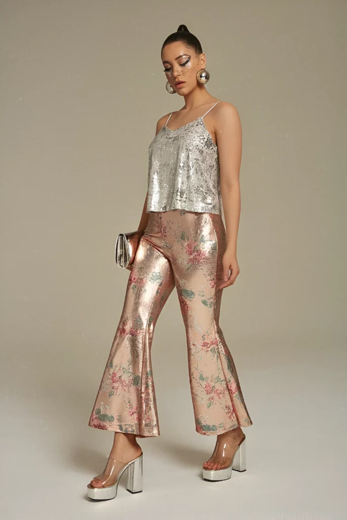 Glam Disco Sequin Top and Metallic Flare Pants Spring Party Style