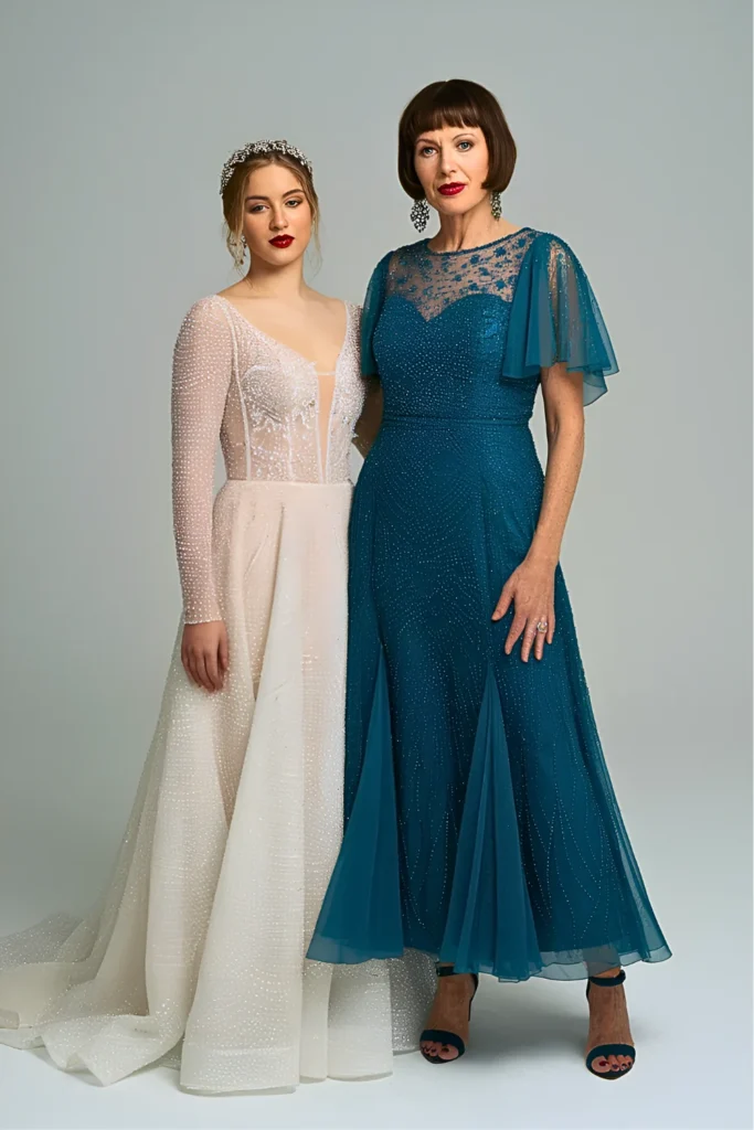 Glam Teal Beaded Chiffon Flutter Sleeve Godet Gown Mother of the Bride