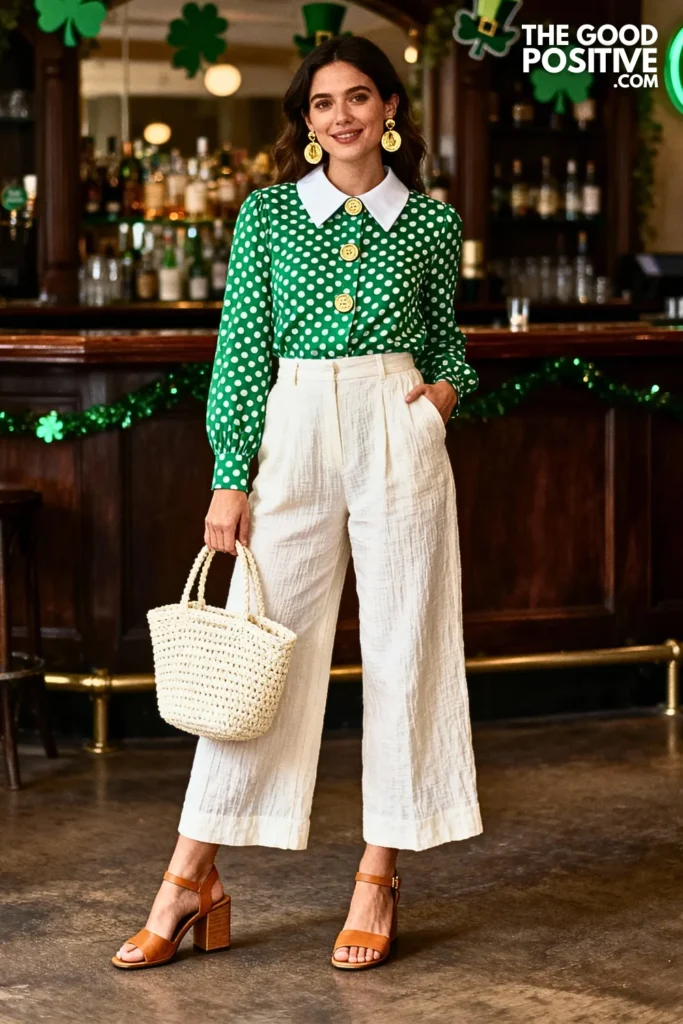 Green Polka Dot Blouse With Cream Pants