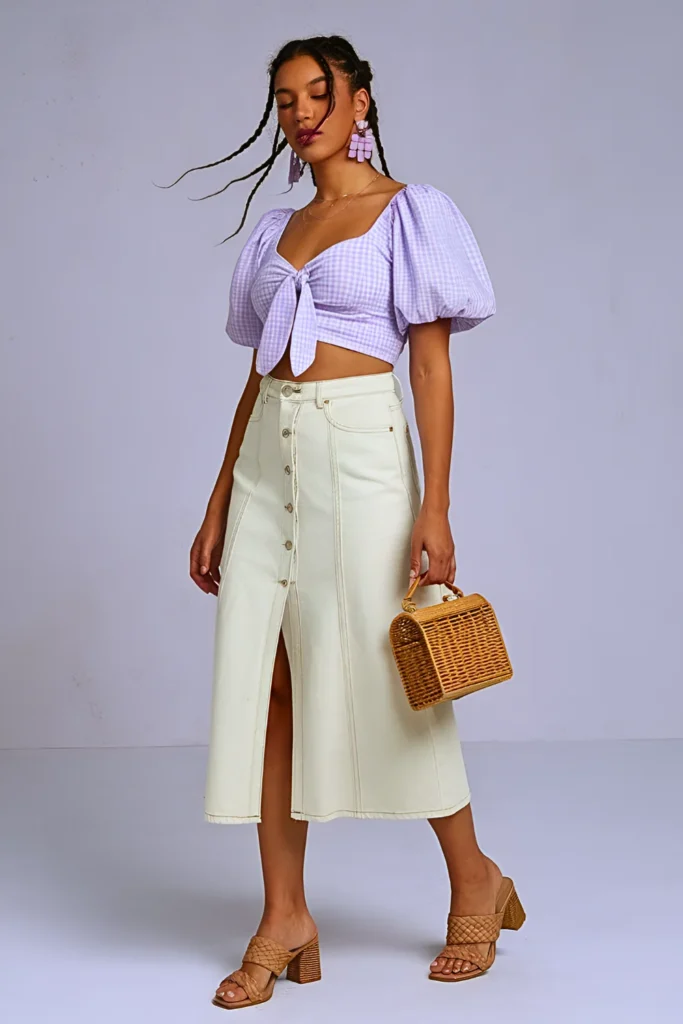 Lavender Gingham Tie-Front Crop Blouse with White Denim Midi Skirt Easter Outfit