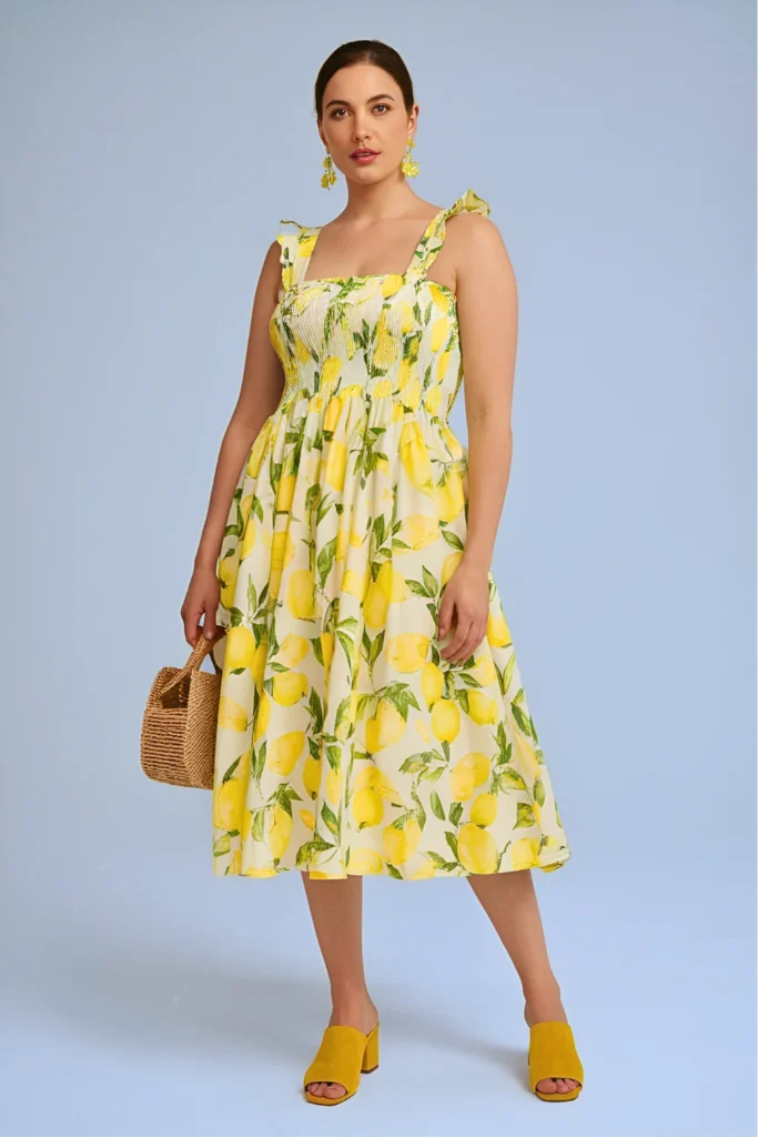 Lemon Print Dress and Yellow Mules Spring Outfit