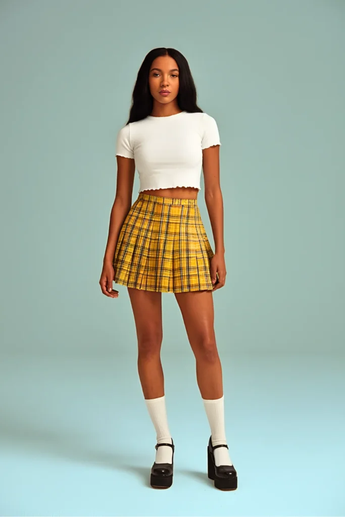 Lettuce Edge Baby Tee and Pleated Plaid Mini Skirt Clueless-Inspired Spring Look