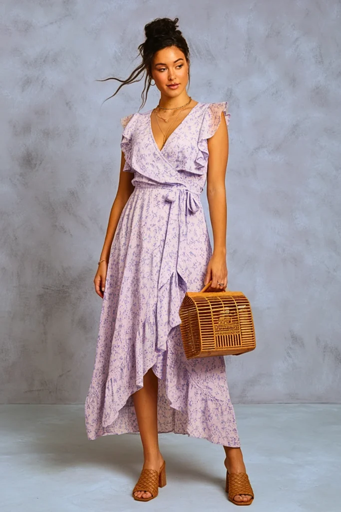 Lilac Floral Ruffle Sleeve Maxi Wrap Dress Easter Outfit