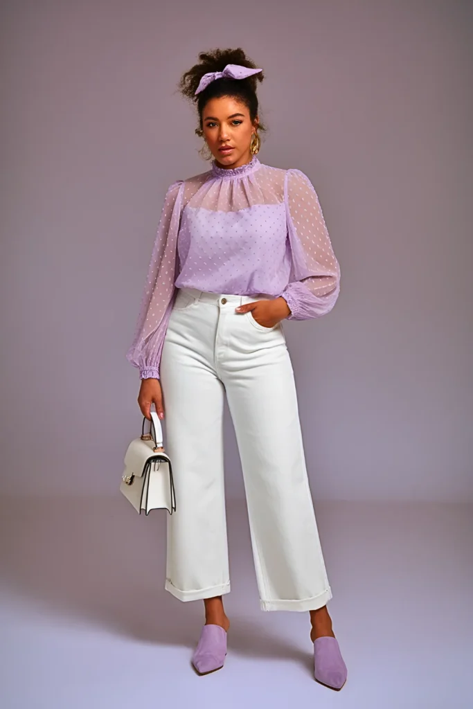 Lilac Swiss Dot Ruffle Neck Blouse with White High-Rise Wide Leg Jeans Easter Outfit