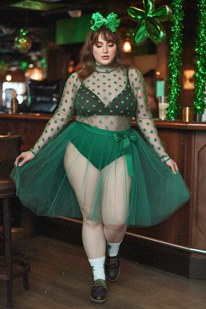 Mesh Polka Dot Bodysuit with Green Tulle Skirt and Oxfords