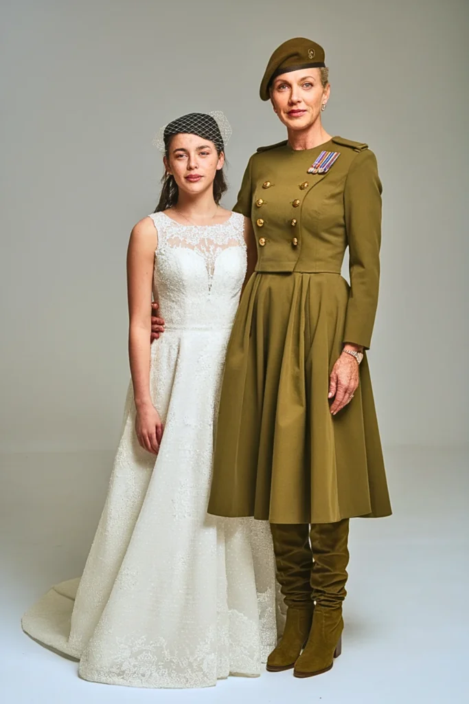 Military-Inspired Olive Drab Fit and Flare Knee-Length Dress with Gold Buttons