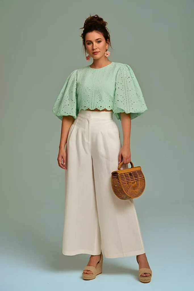 Mint Eyelet Lace Puff Sleeve Cropped Blouse with High-Waisted White Wide Leg Pants Easter Outfit