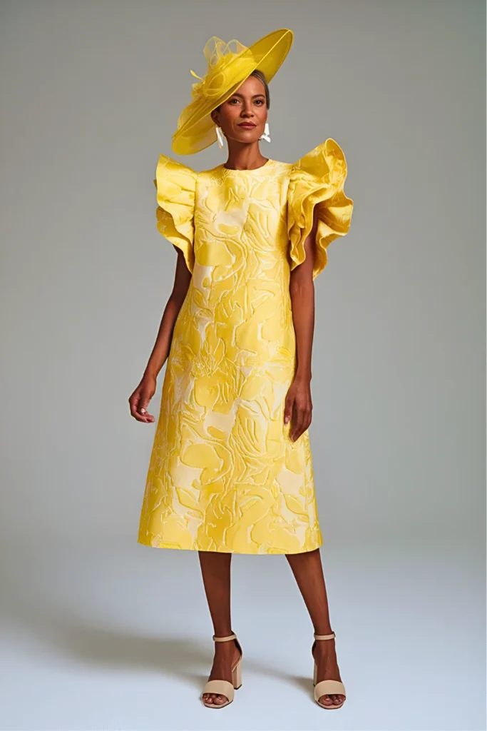 Mod Yellow Jacquard Shift Dress with Ruffle Sleeves Mother of the Bride Dress