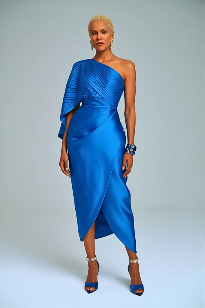 Modern Asymmetric Bright Blue Satin Tea Length Mother of the Bride Dress